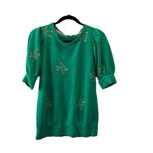Crown & Ivy Womens Size XS Green Floral Embroidered Puff Short Sleeve Blouse